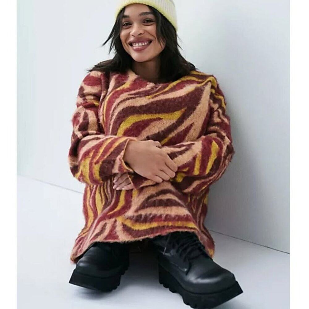 NWT Free People Women's Primrose Animal Tunic Sweater Oversized Red Yellow Small